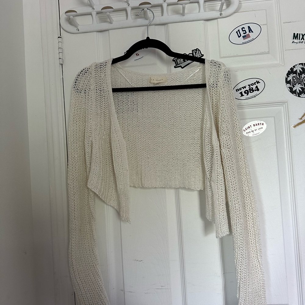 La Hearts Cream Open-Knit Cropped Cardigan